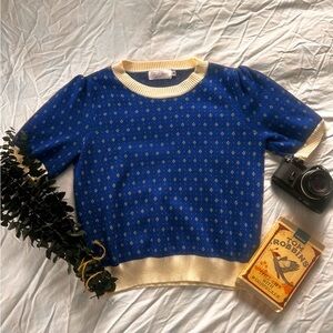 Knit Mix Blue Short Sleeve Sweater Top | Cream Trim Retro Knit Pullover Size M